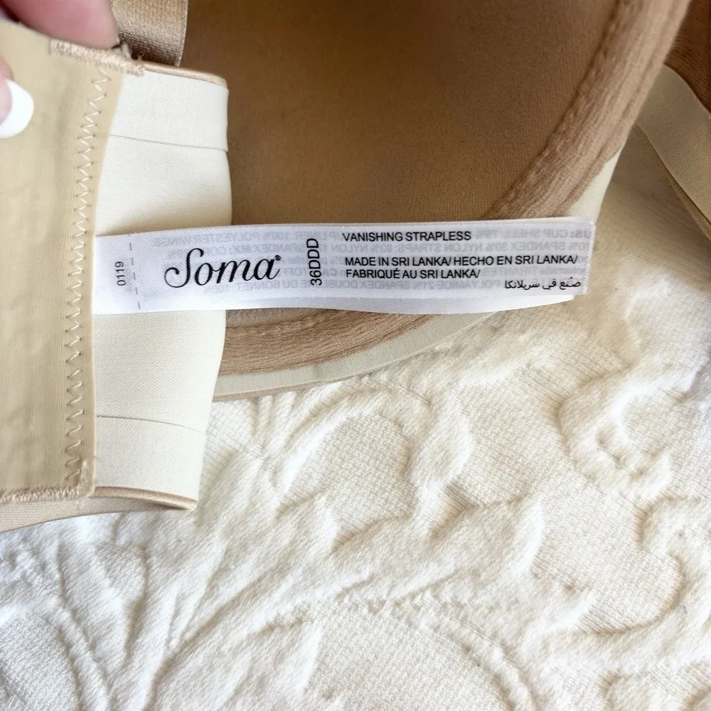 Soma Vanishing Strapless Bra 36DDD Nude Beige Convertible Underwire Multi-way